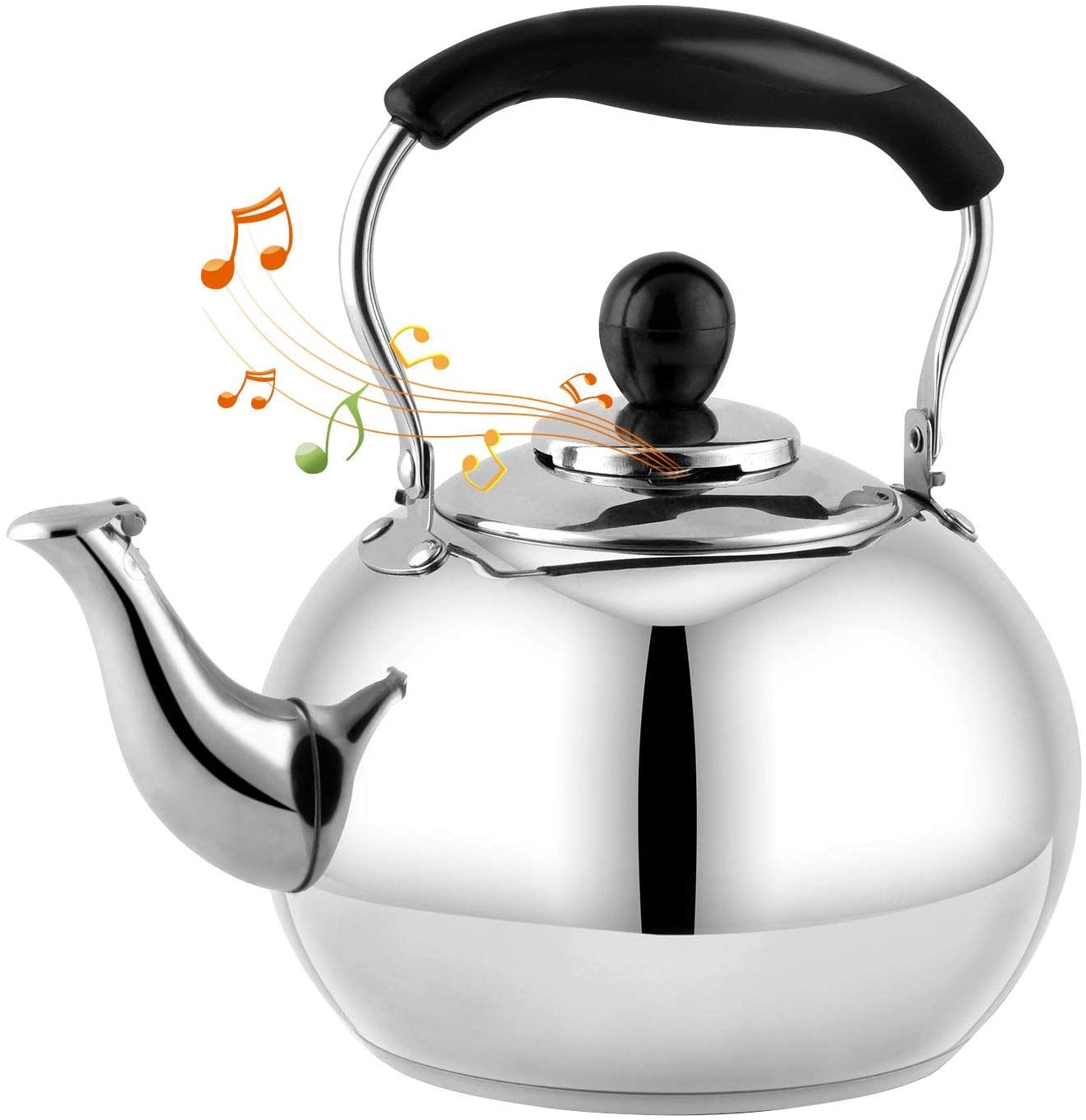 stainless steel tea kettle with music notes coming out of top