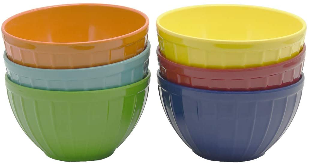2 stacks of multicolored bowls