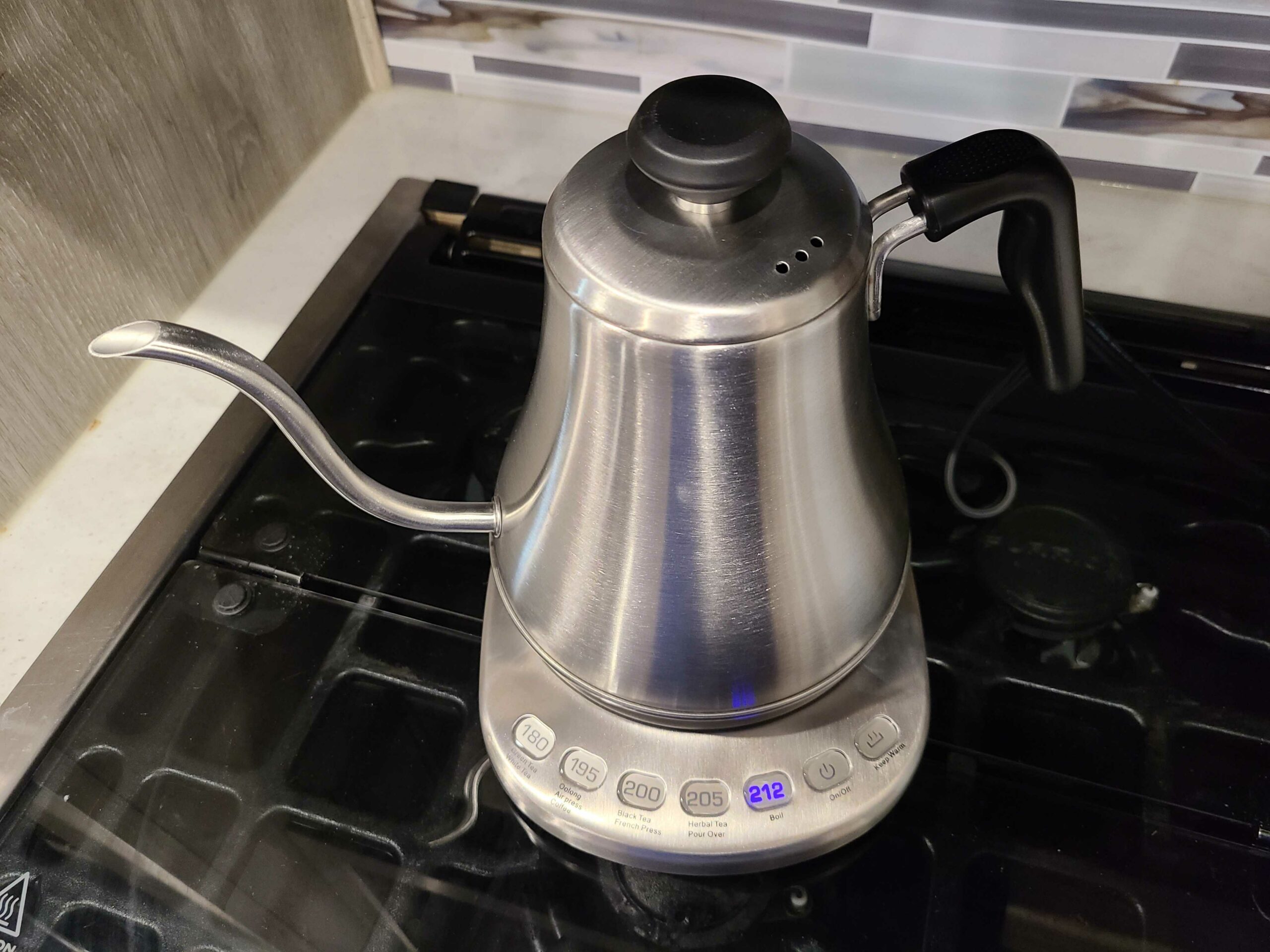 electric gooseneck stainless steel kettle with control panel base