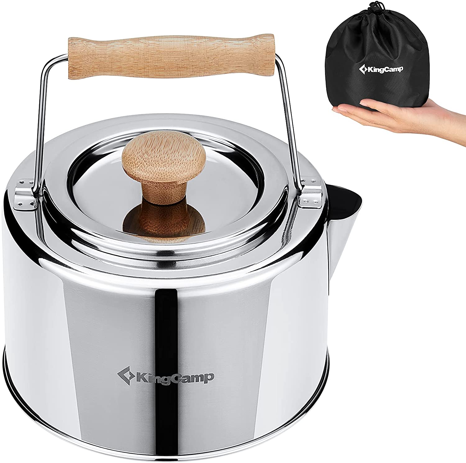 stainless steel King Camp brand tea kettle with wooden handles