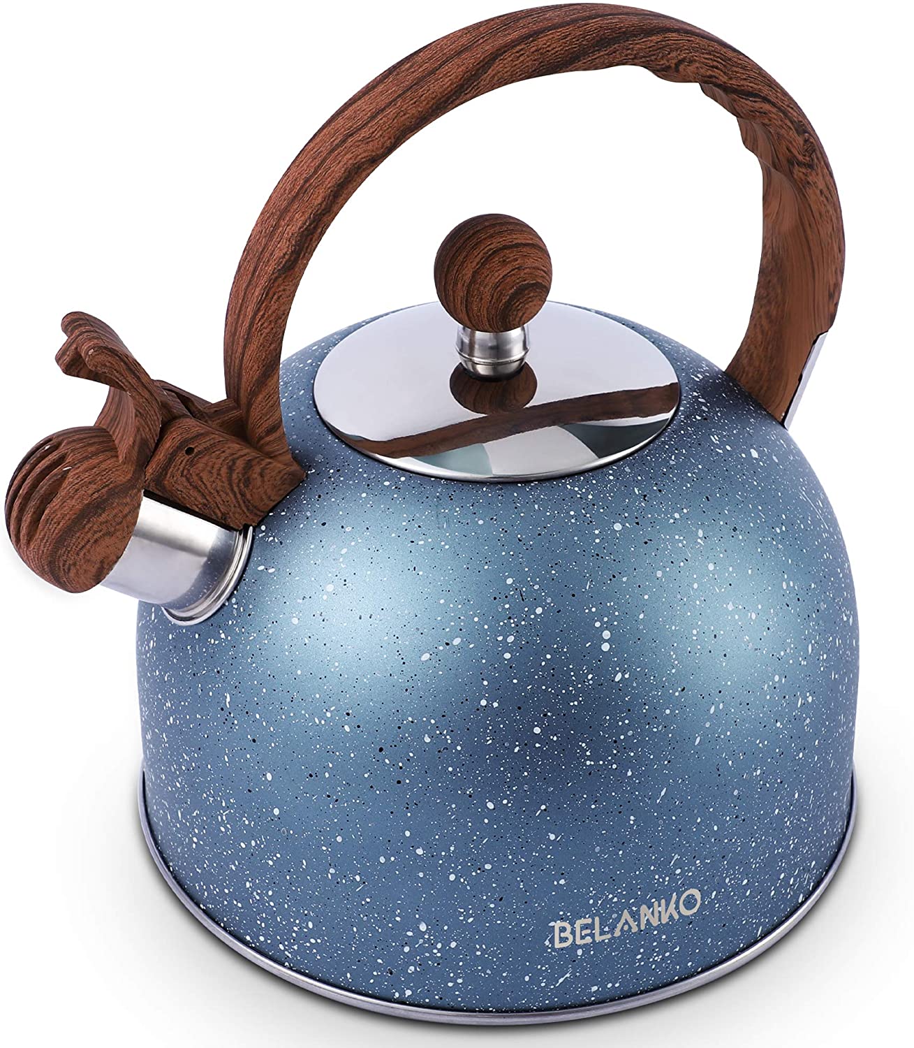 pebble white and blue print tea kettle with wooden handle