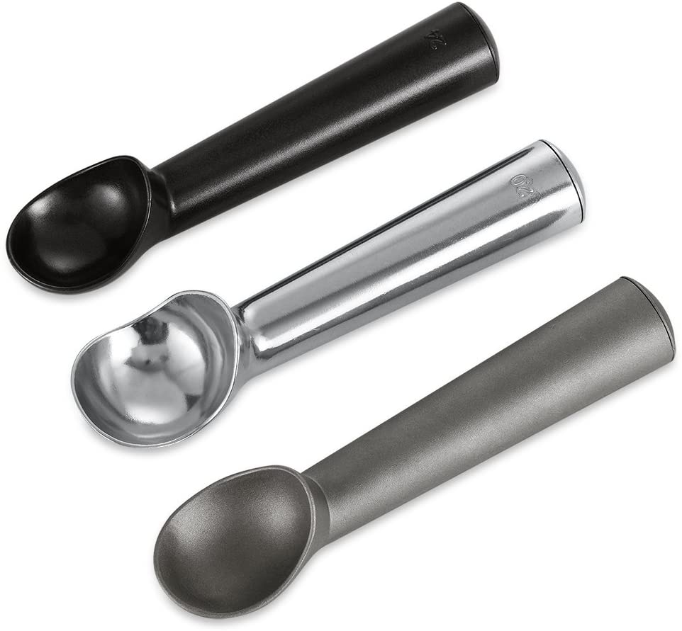trio of black silver and grey ice cream scoop set