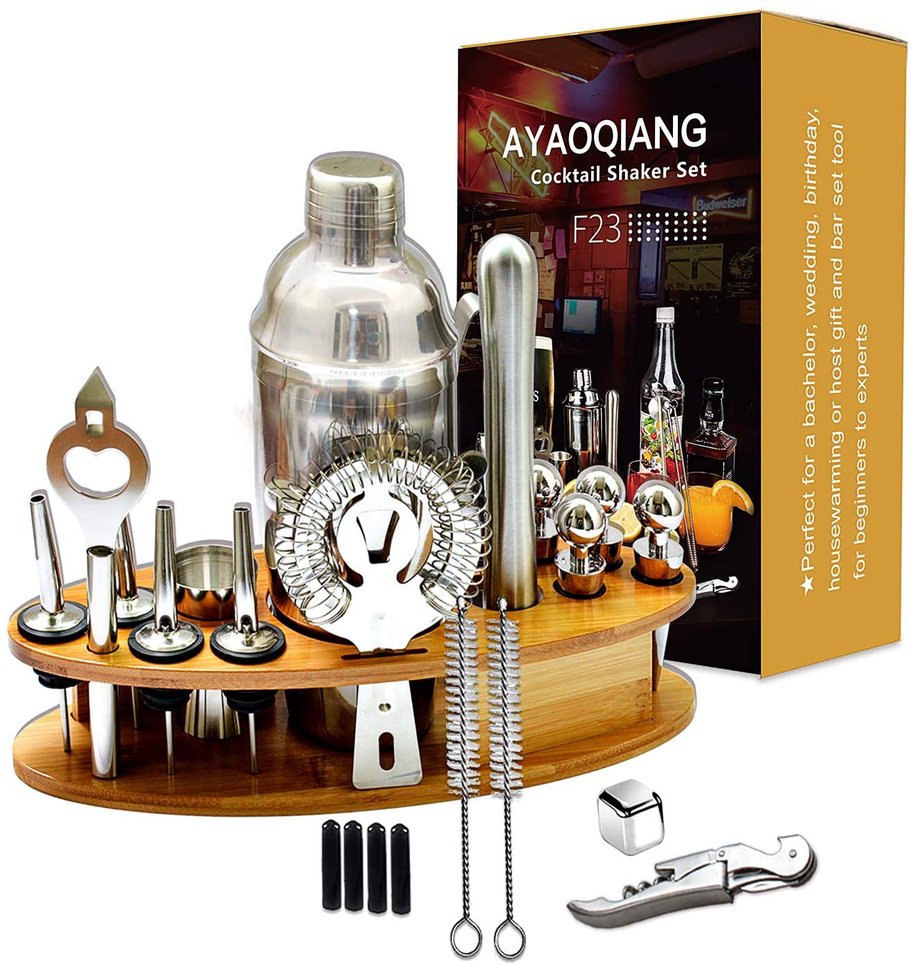 full cocktail shaker kit and accessories with original packaging and wooden stand
