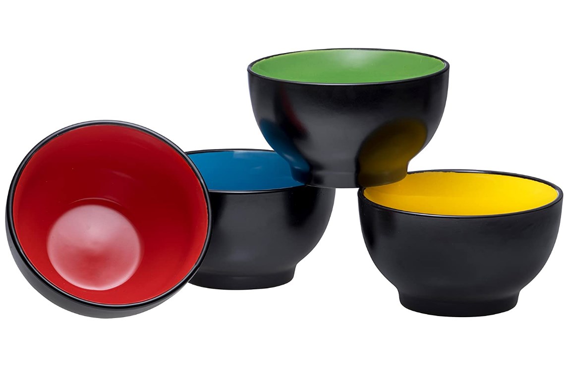black cereal bowls with bright multicolored lining