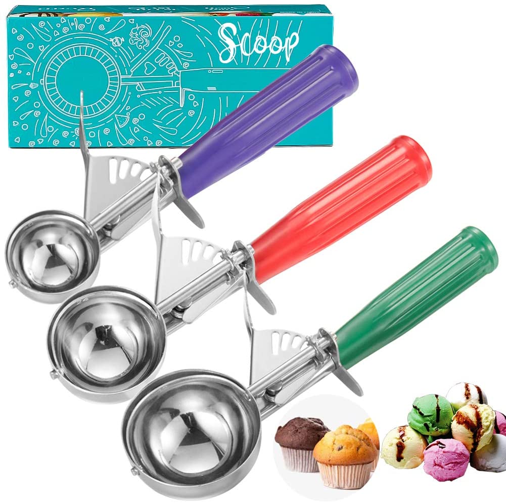 trio of trigger ice cream scoop set with multicolored handles