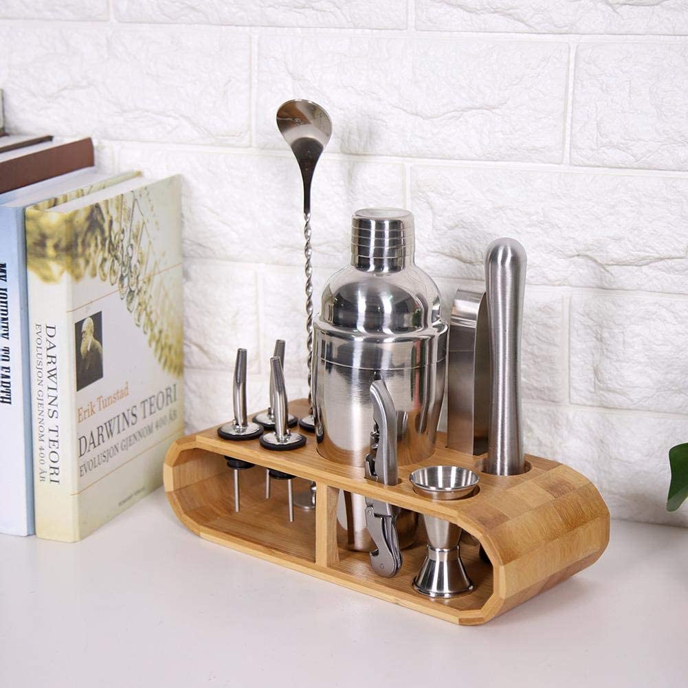 stainless steel cocktail shaker set and mixology tools in wooden stand