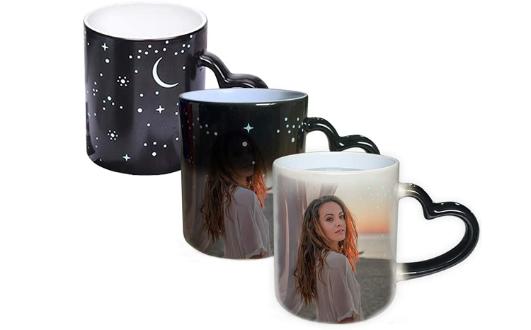 Deabolar Ceramic Photo Mugs shown transitioning from night design to photo of woman
