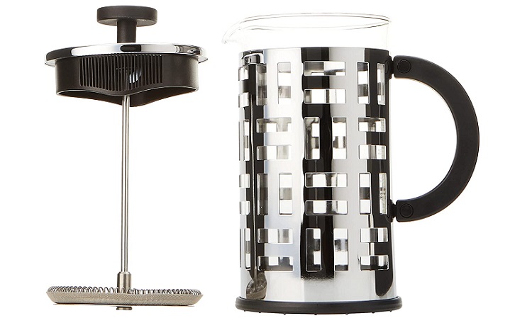 empty french press coffee maker with stainless steel geometric cage