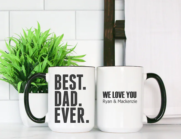 Best Dad Ever Mug shown with personalized back