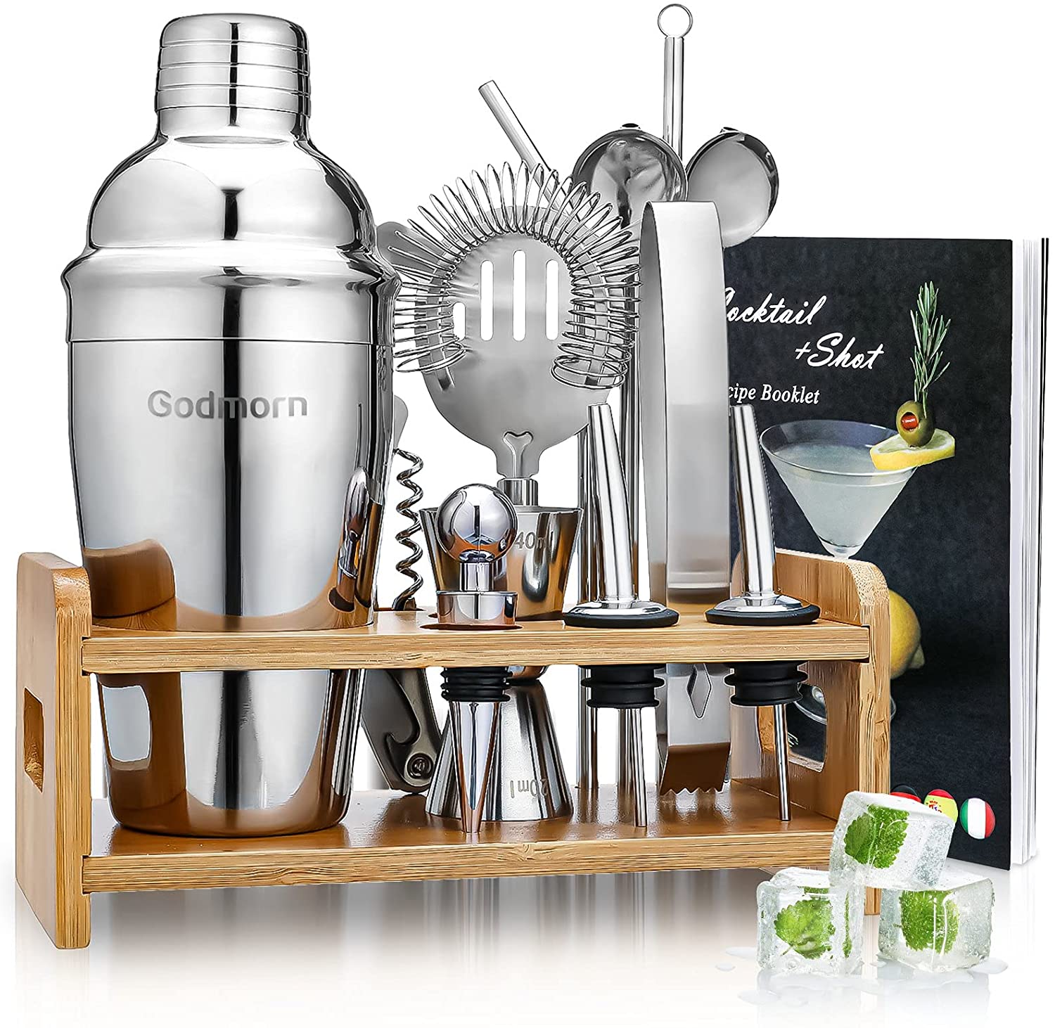 Cocktail Shaker Set with Display Stand and recipe book