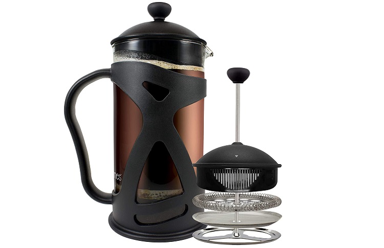 French Press Coffee Maker shown with mechanism of internal parts