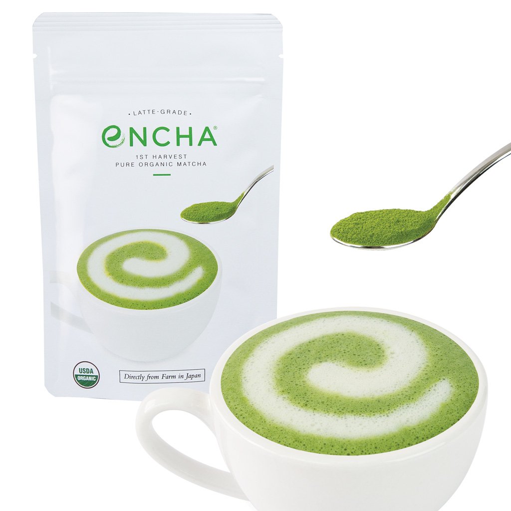 Encha Latte Grade Pure Organic Matcha package with mug of matcha