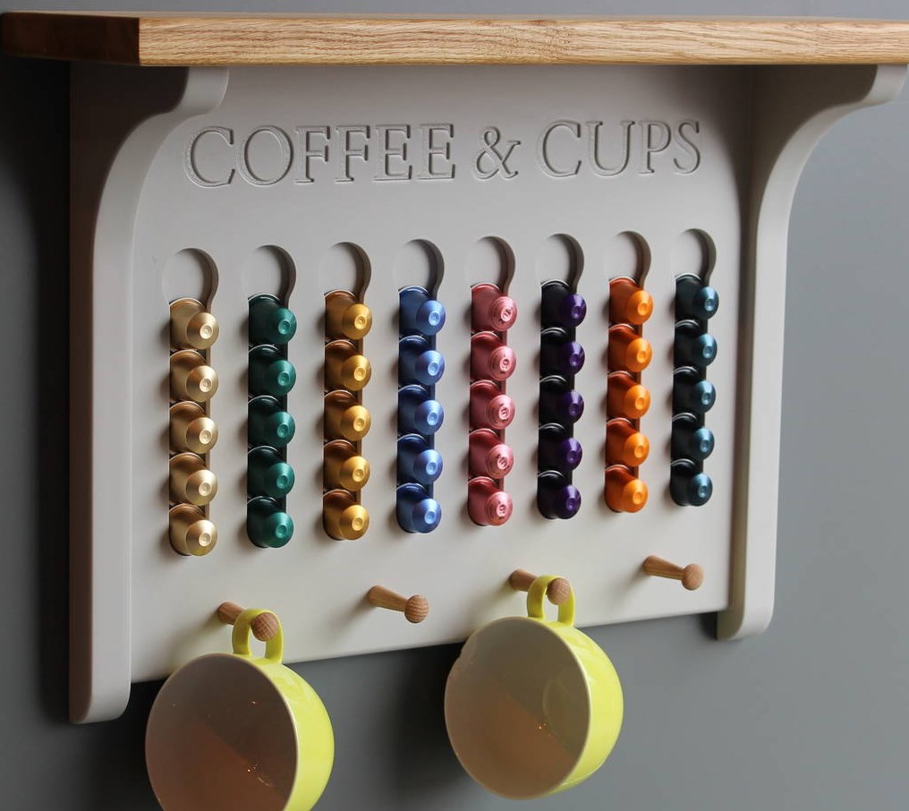 wall mount storage rack for coffee pods and hanging mugs