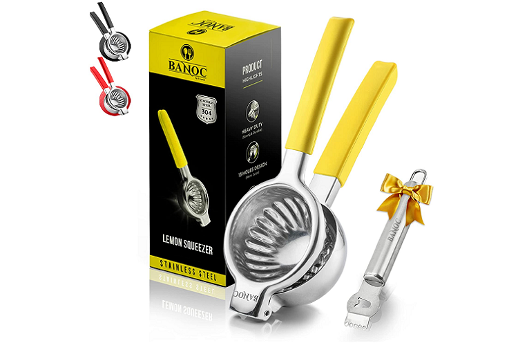 stainless steel lemon squeezer with yellow handle