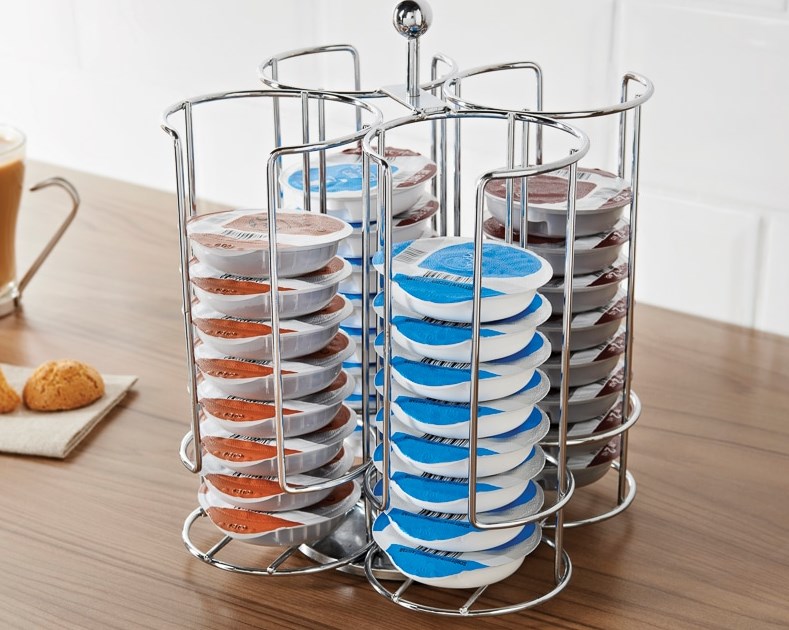 rotatoing silver storage rack for coffee pods