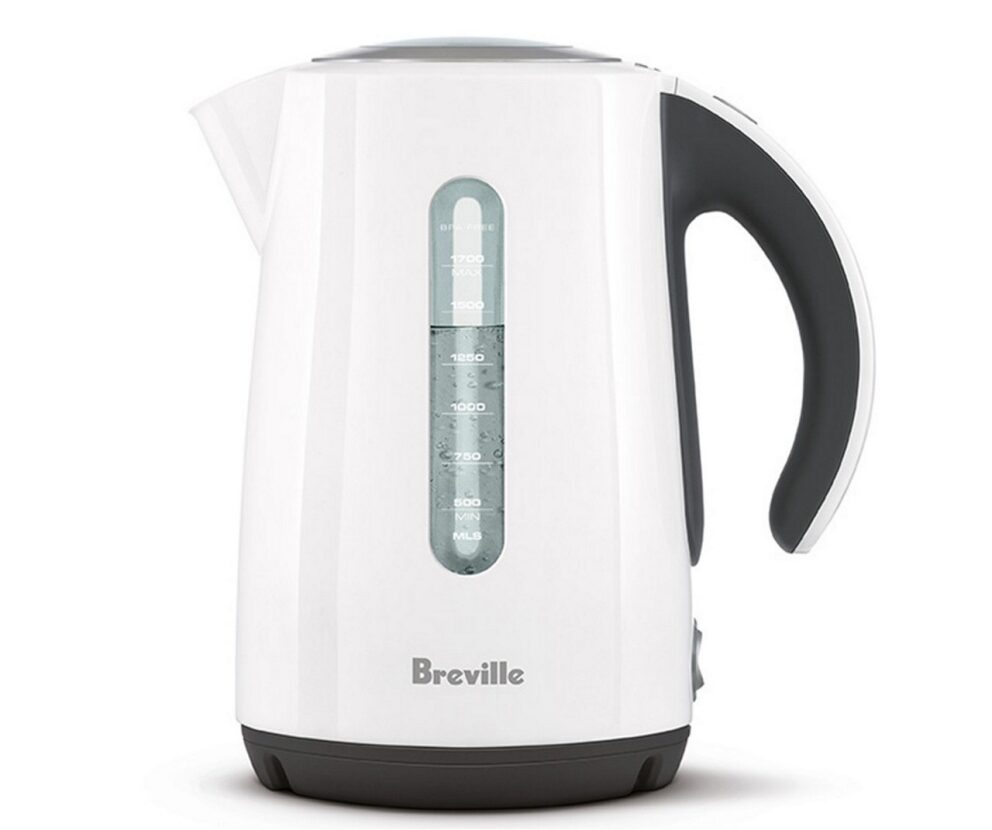 white electric kettle with black handle