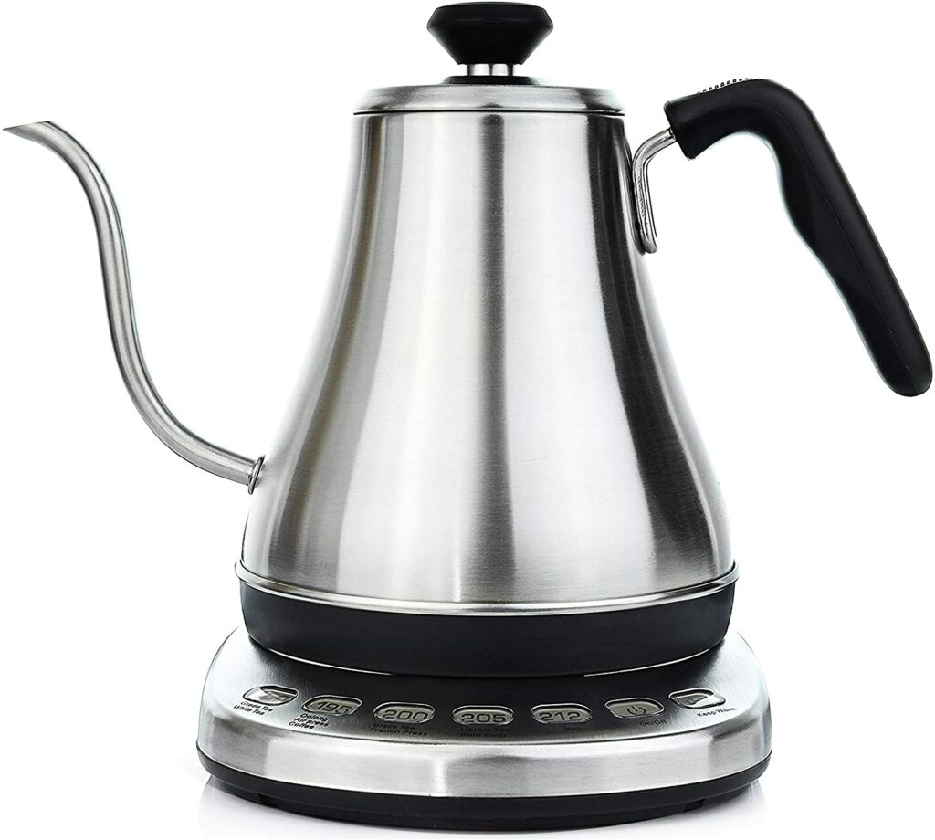gooseneck electric stainless steel kettle with digital control panel on base