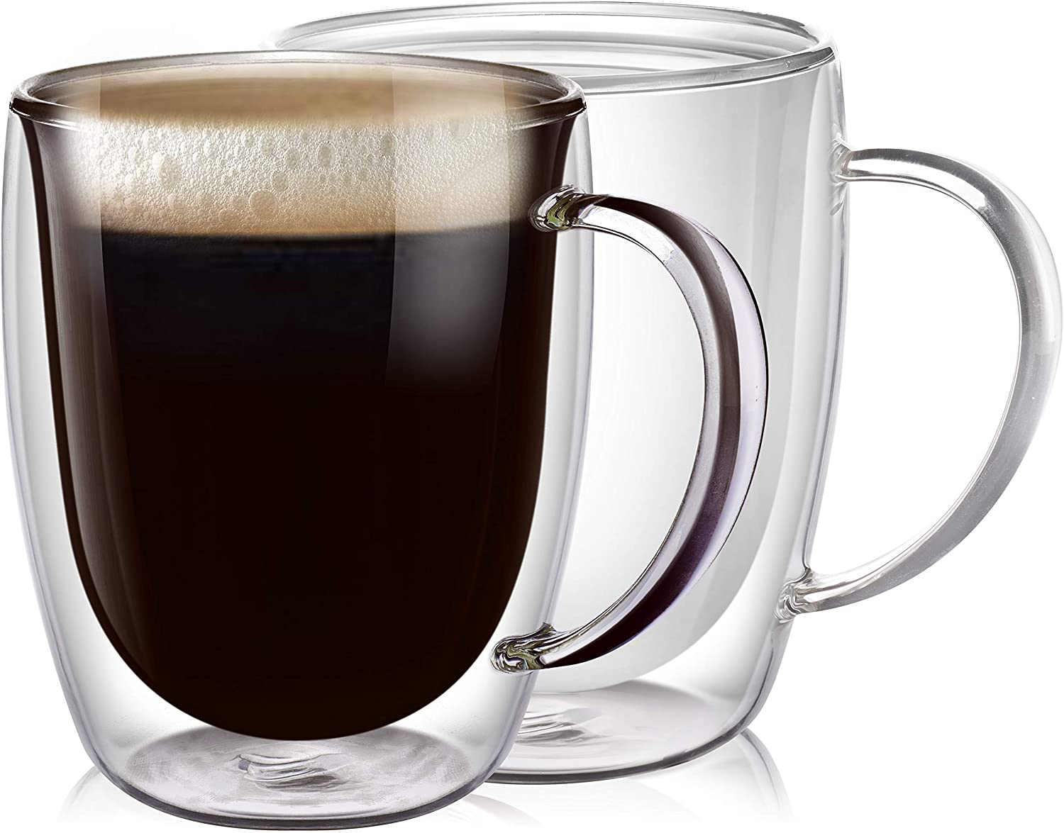 double wall glass coffee mug full of coffee shown with one empty mug