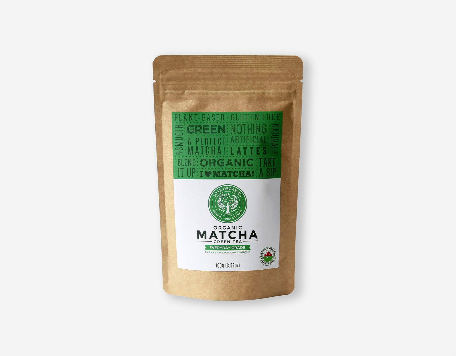 brown resealable bag of soar organics matcha green tea powder