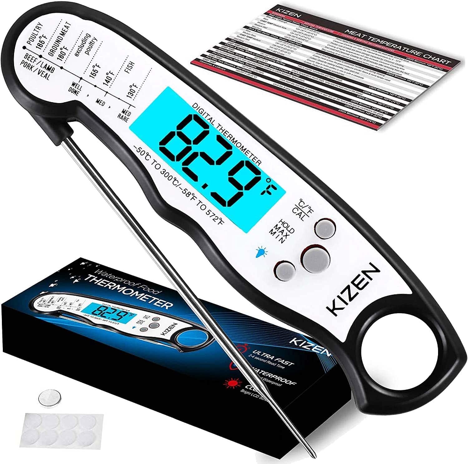 digital meat thermometer shown with accessories