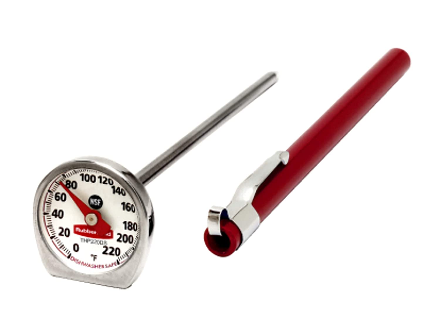 analog meat thermometer with red probe sleeve