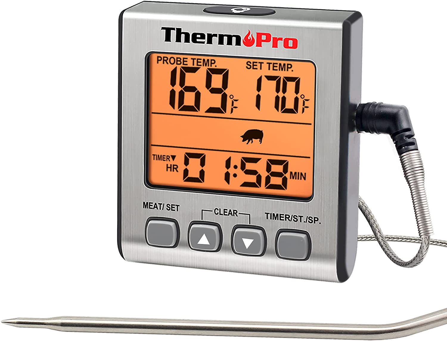 digital meat thermometer reading 169 degrees set to a temperature of 170 degrees and with a 1 hour and 58 minute timer