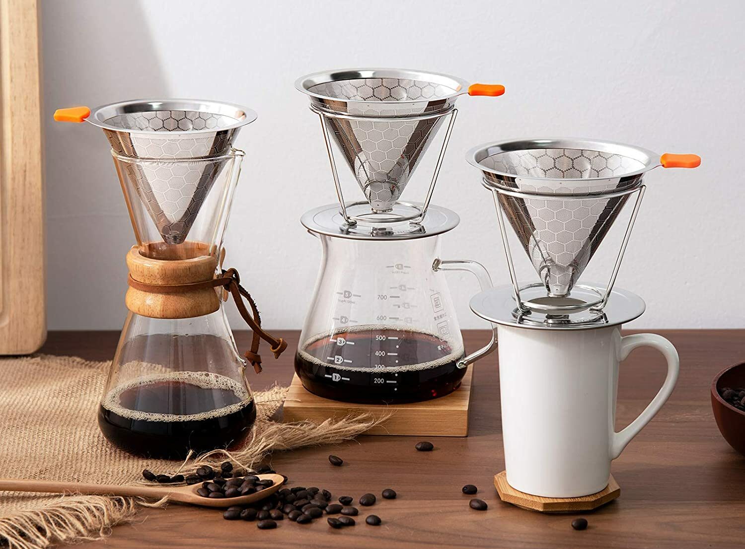 assorted pour over coffee makers with stainless steel coffee filters