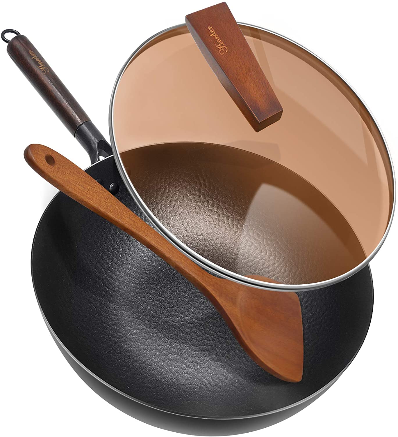 black wok with wooden spoon and lid