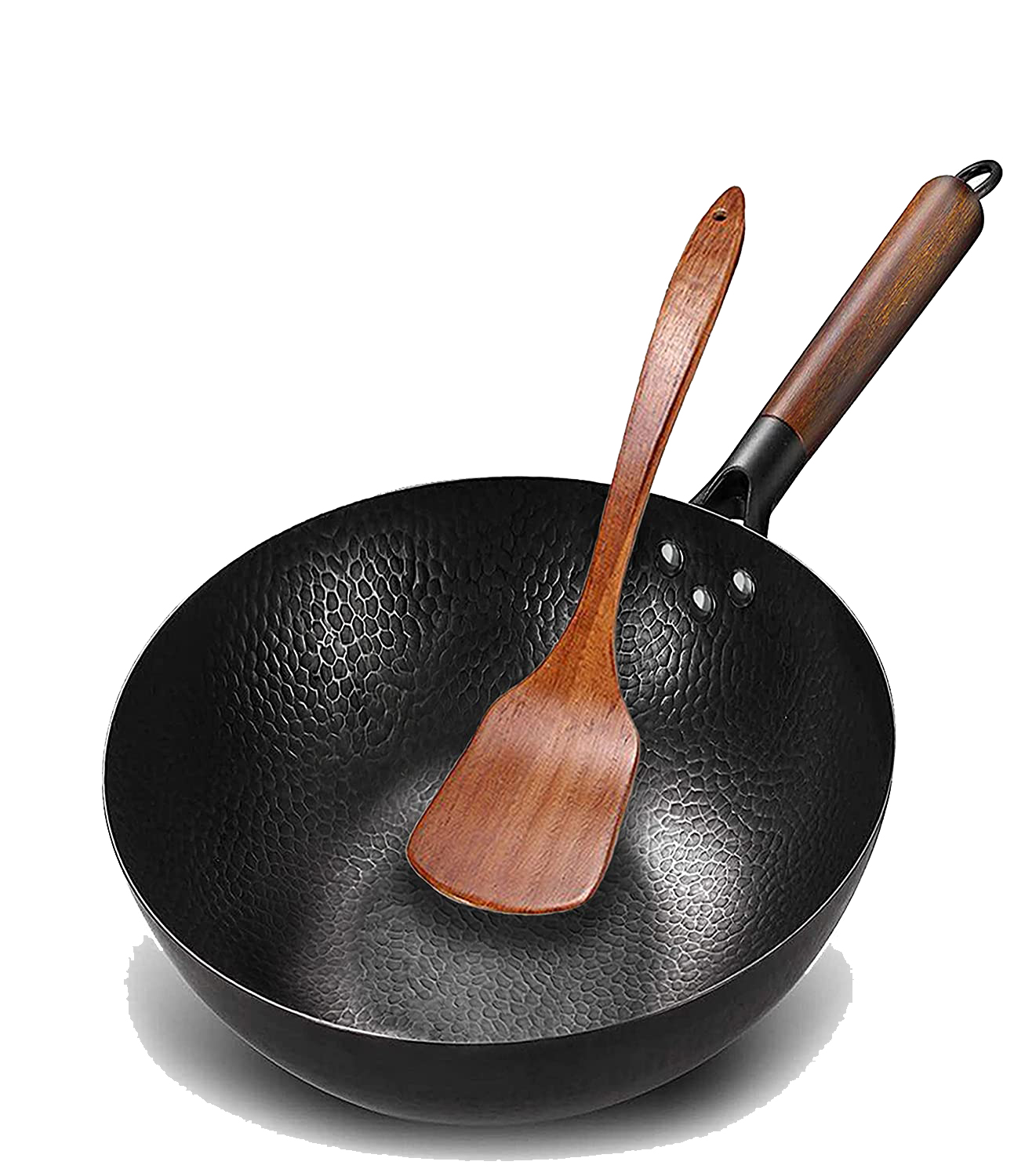wok shown with wooden spoon