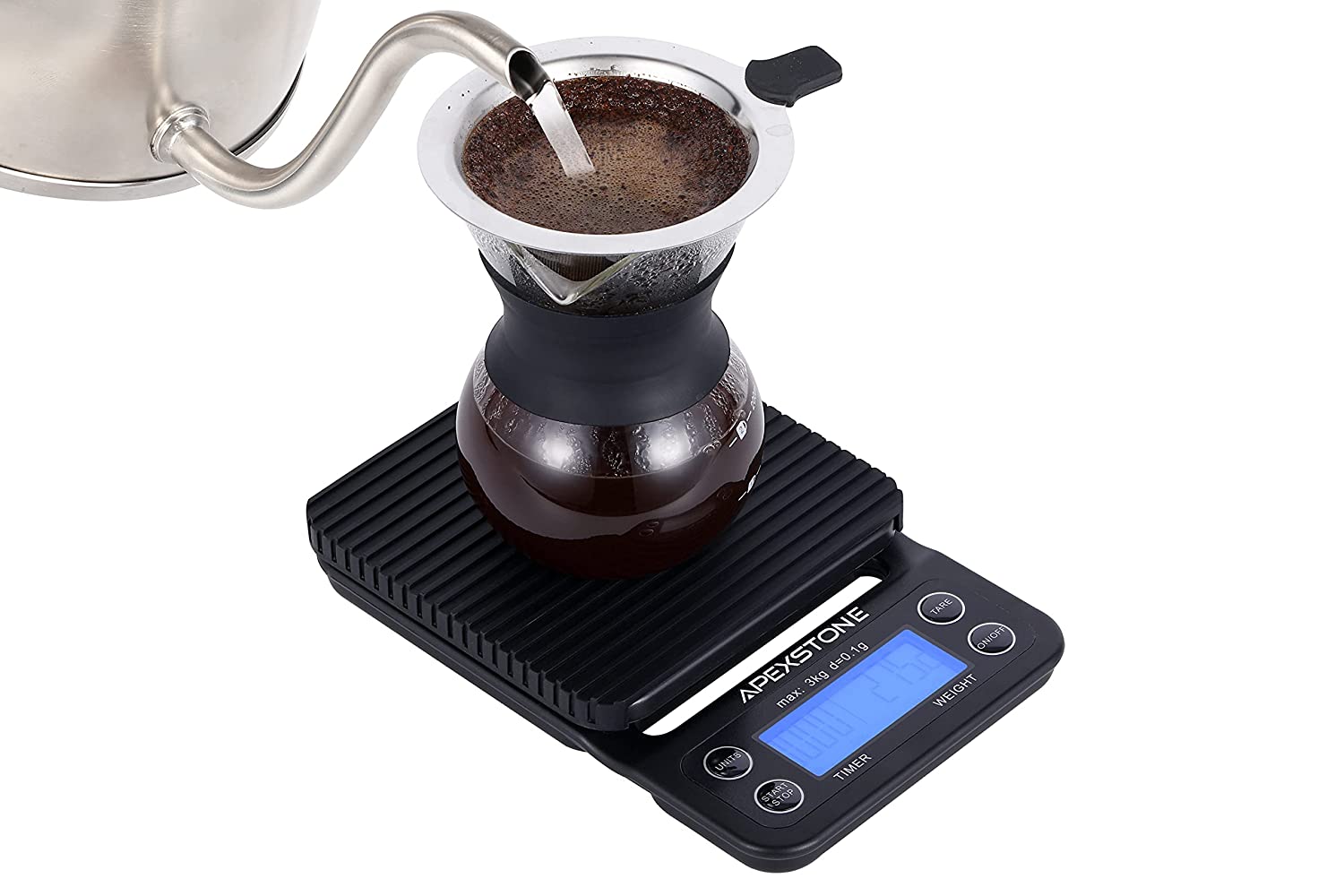 pourover machine on black digital coffee scale