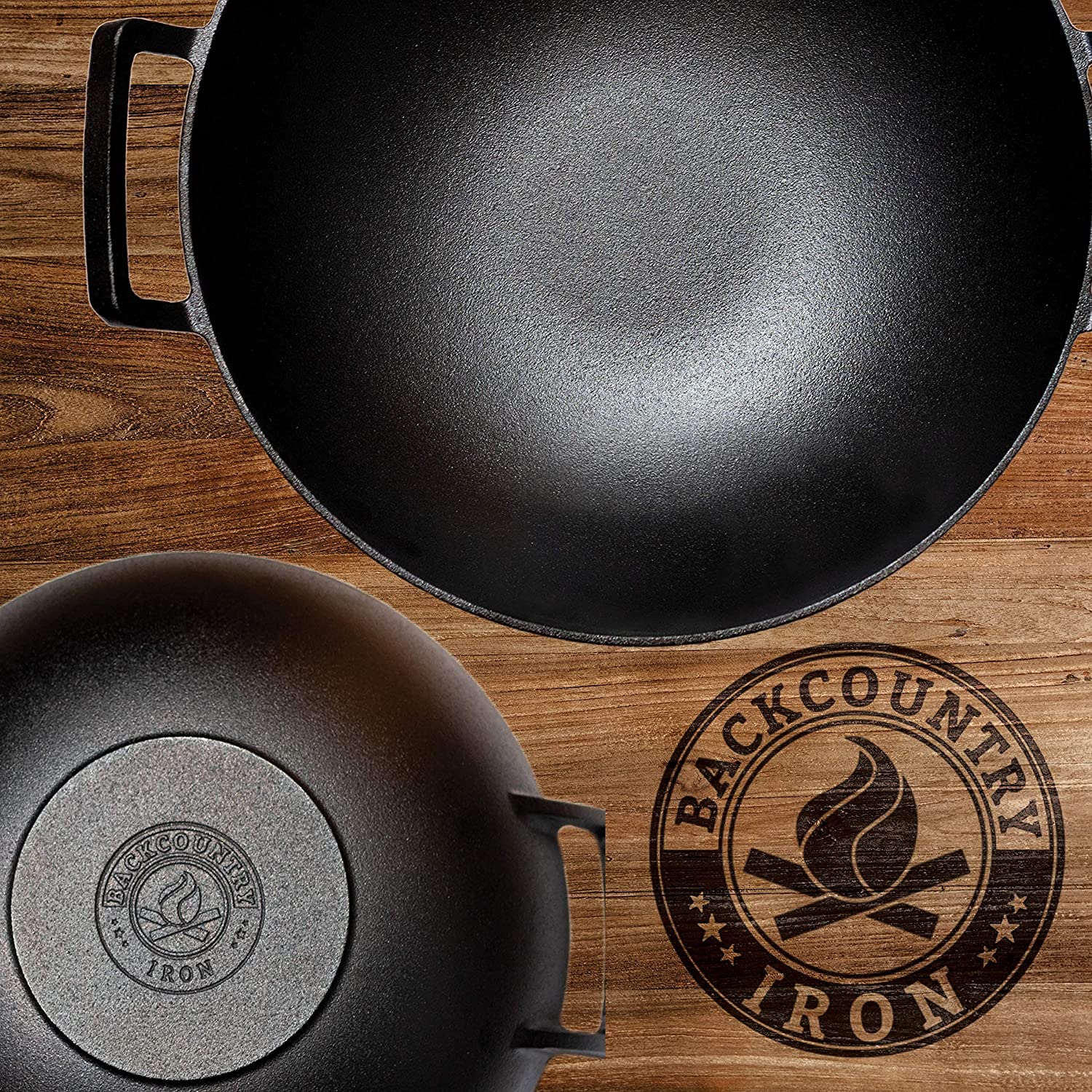 iron wok styled with backcountry brand on cutting board