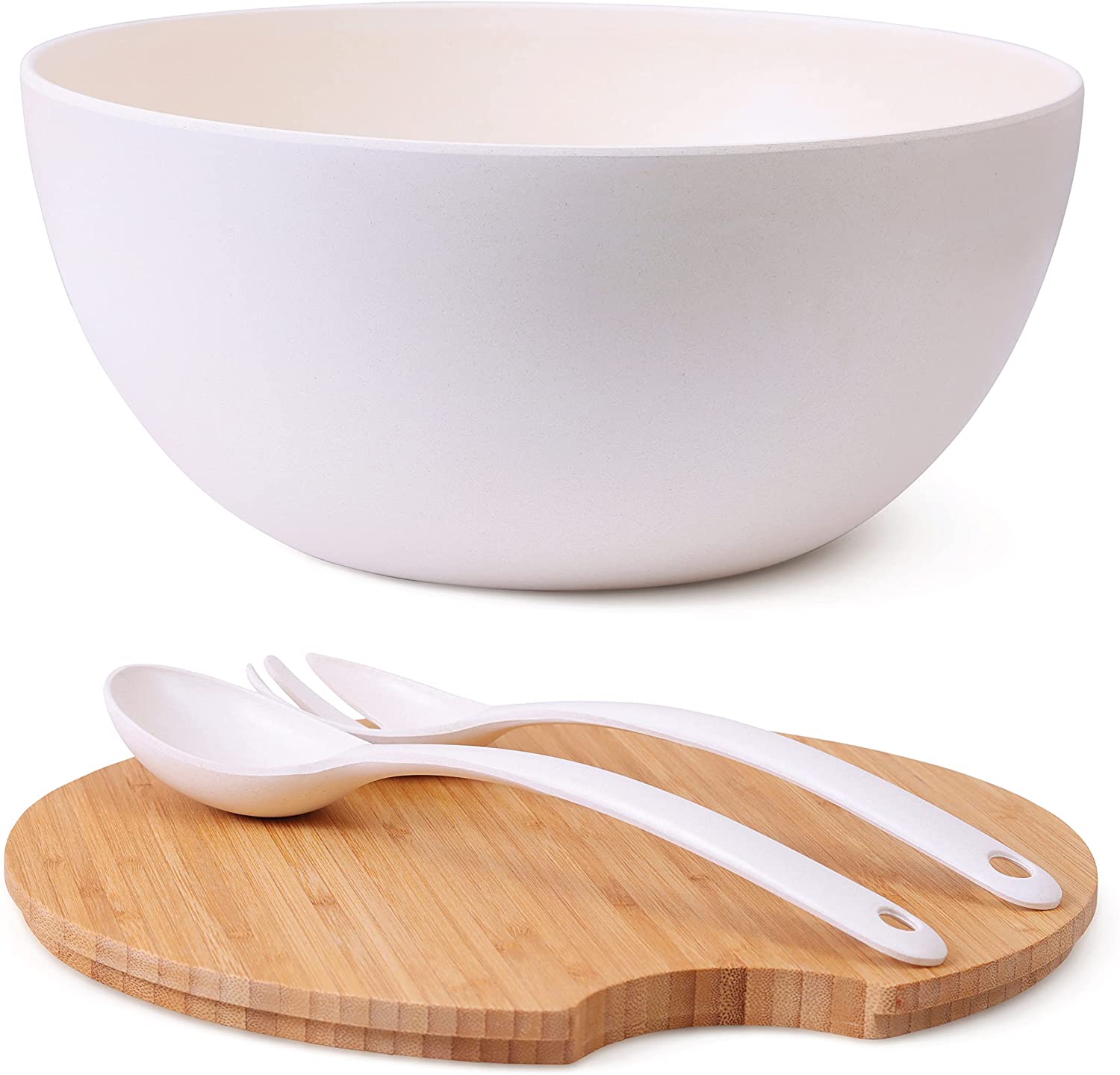 white salad bowl with wooden lid holding utensils