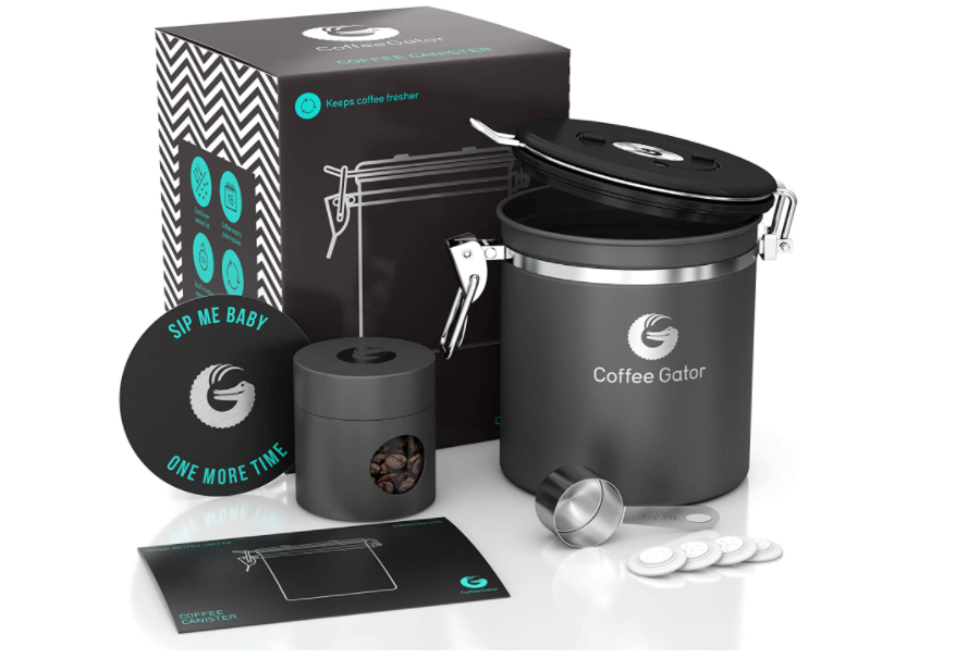 Coffee Gator coffee canister with accessories and packaging