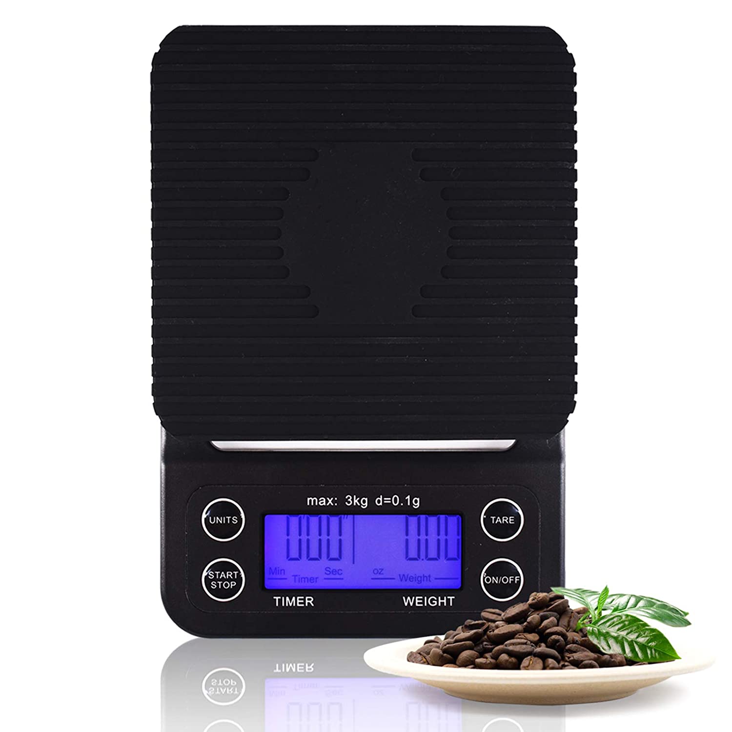digital black coffee scale with plate of coffee beans