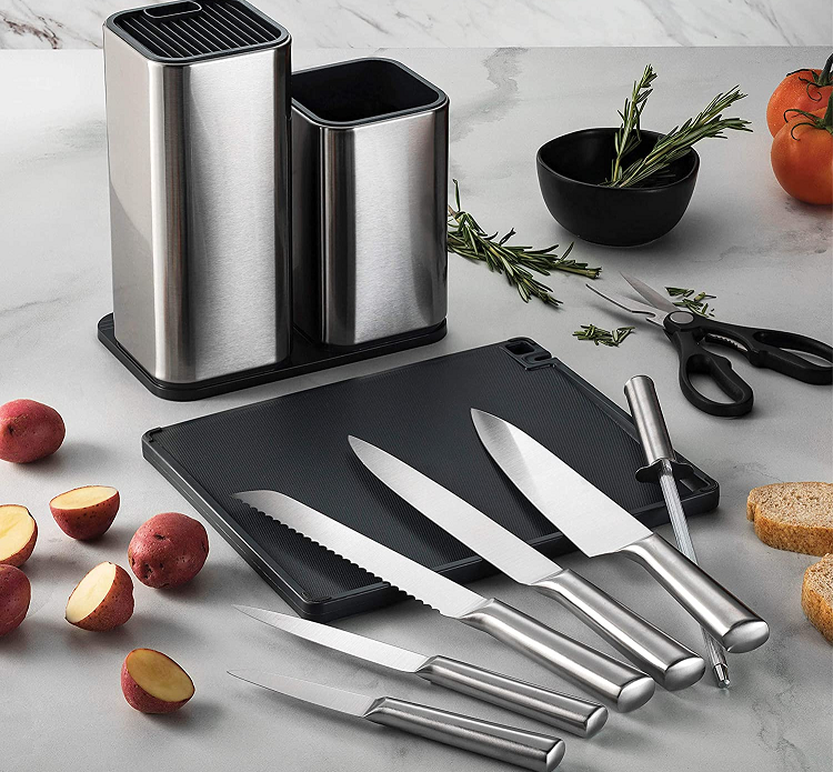 FineDine 10-Piece Kitchen Knife Set on counter styled with food and storage block