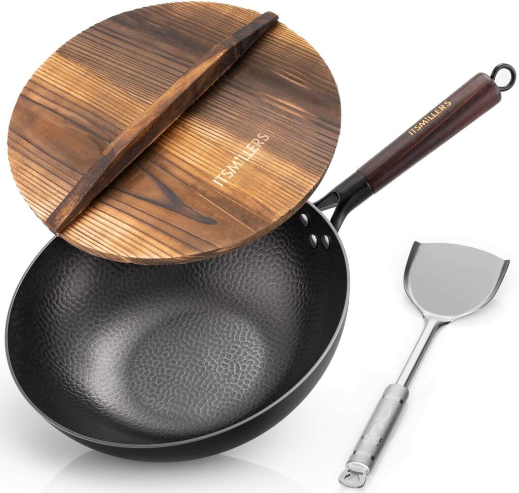 hammered iron wok with wooden lid