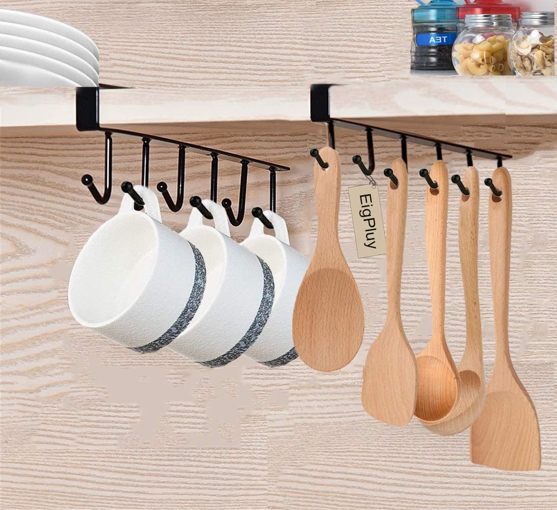 redering of kitchen utensil shanding on hooks under cabinet