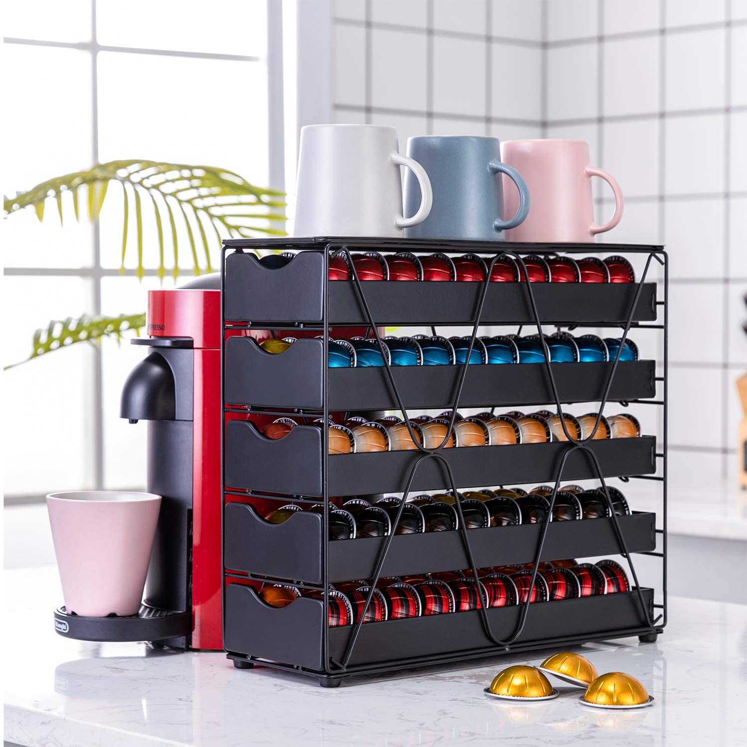 tall nespresso pod organizer with drawers on counter
