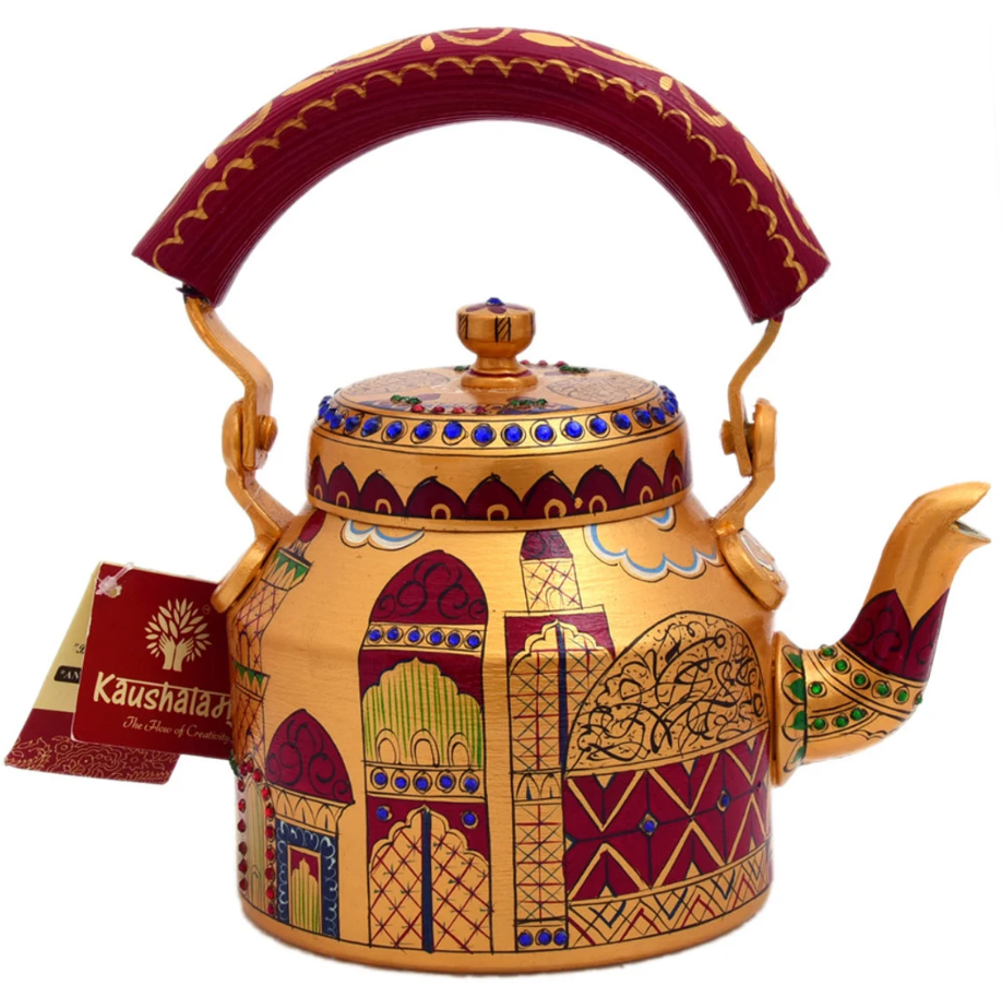 hand painted red and gold mughal art tea kettle