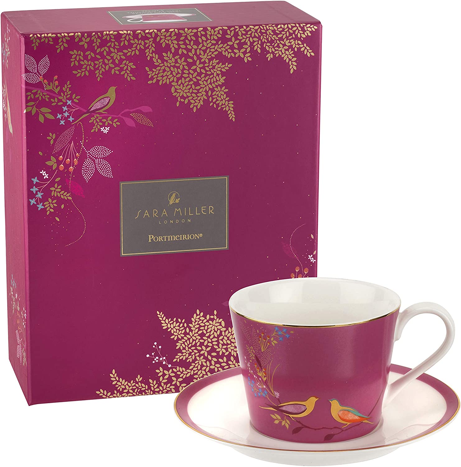 pink bird print espresso cup and saucer with box packaging
