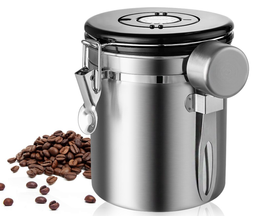 stainless steel coffee canister with loose beans