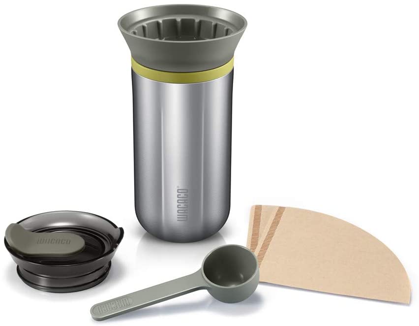 grey and green pourover coffee travel mug with accessories