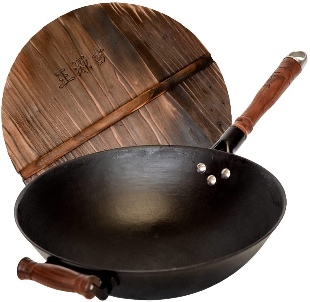 pure iron wok with wooden lid
