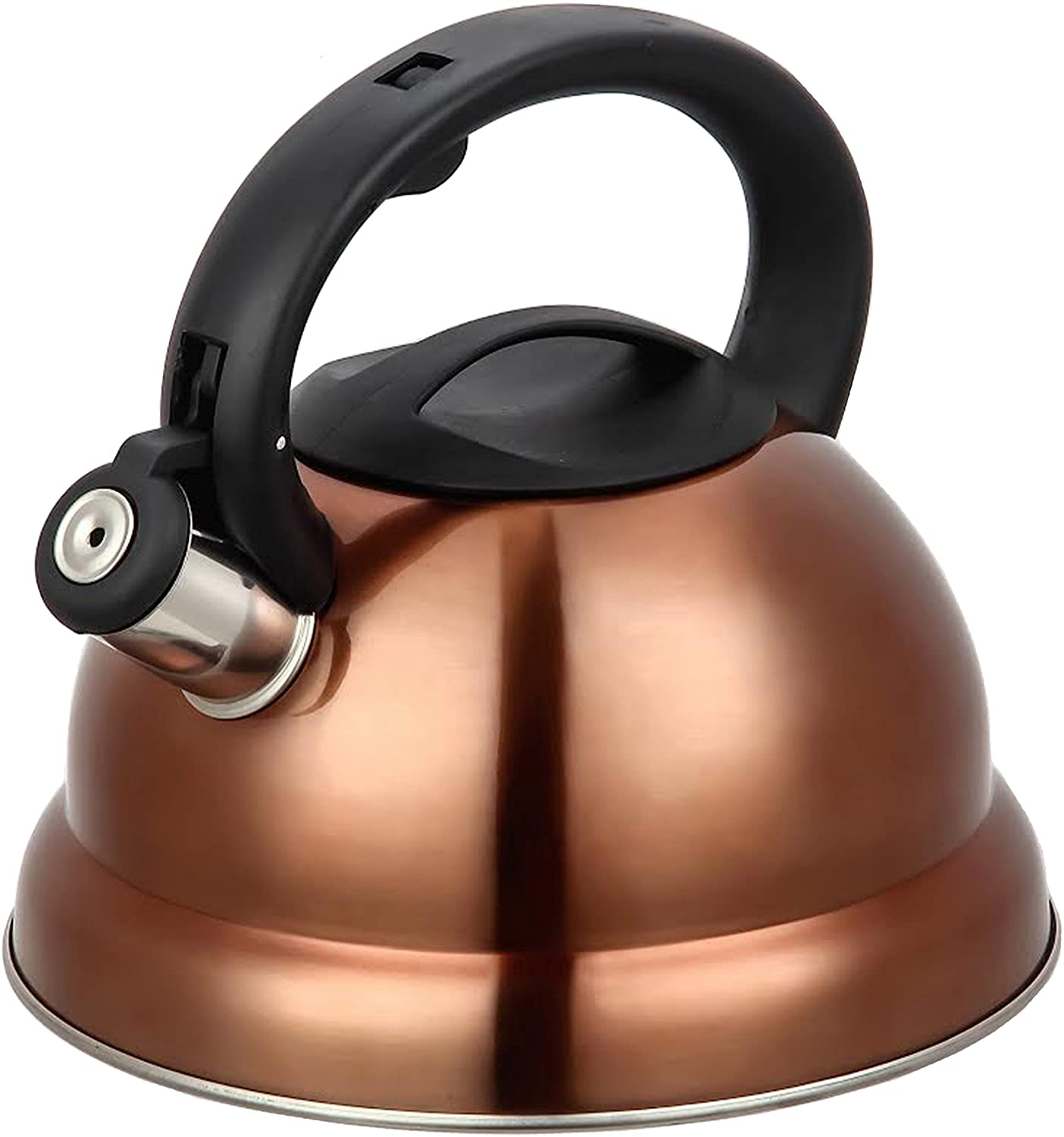 copper colored tea kettle with black handle