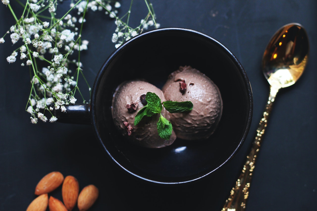 chocolate ice cream in bowl with mint garnish