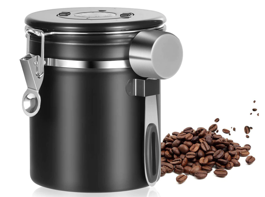 black coffee canister and loose beans